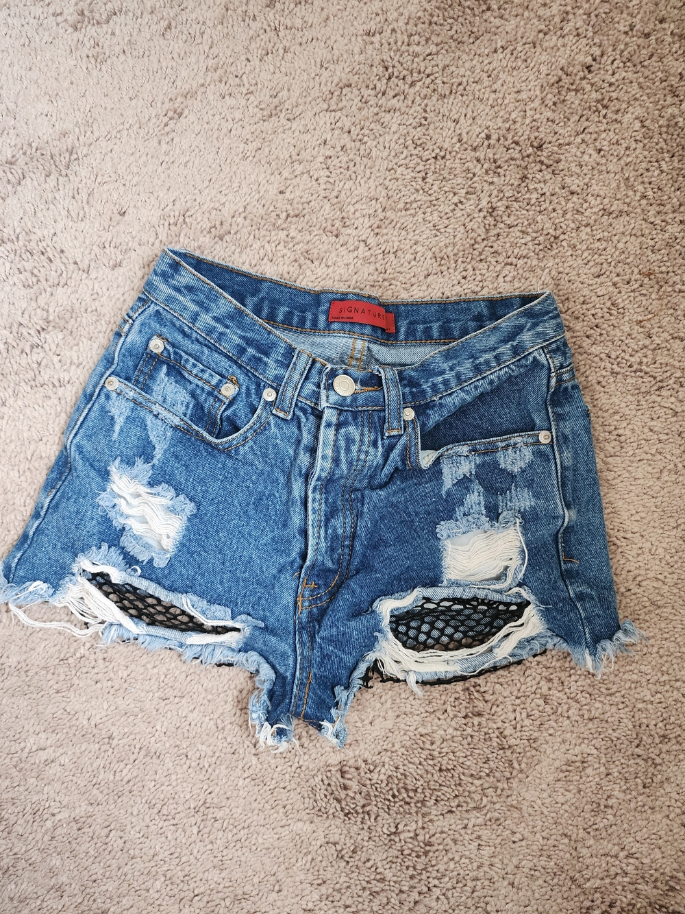 Signature Blue Distressed High-Waist Denim Shorts with Fishnet Panels